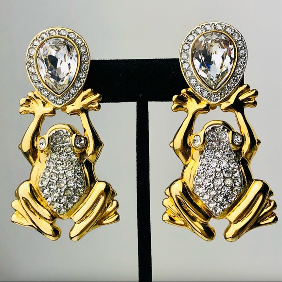 💥🎊🎉HOST PICK 💥🎊🎉 RARE VTG 80s VALENTINO CRYSTAL FROG EARRINGS - Picture 3 of 12